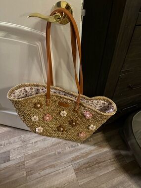 Poppy & Peonies Straw Tote with Pink, Cream, Brown Flower Accents